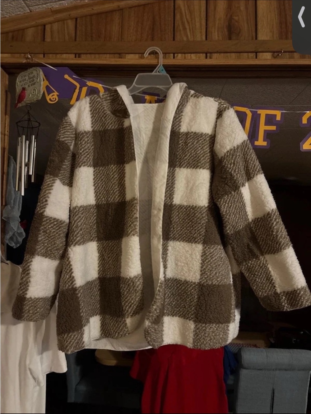Women’s Plush Hooded Jacket - Cream & Brown Plaid